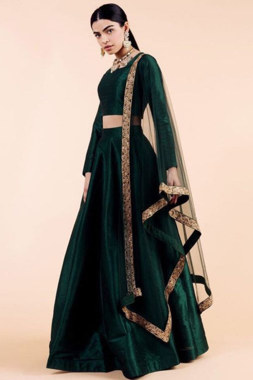 Dark Green Silk Semi-Stitch Lehenga for Festive Glam