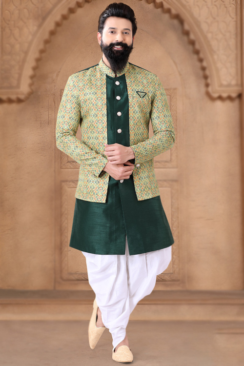 Dark Green Silk Printed Jacket Style Men's Sherwani