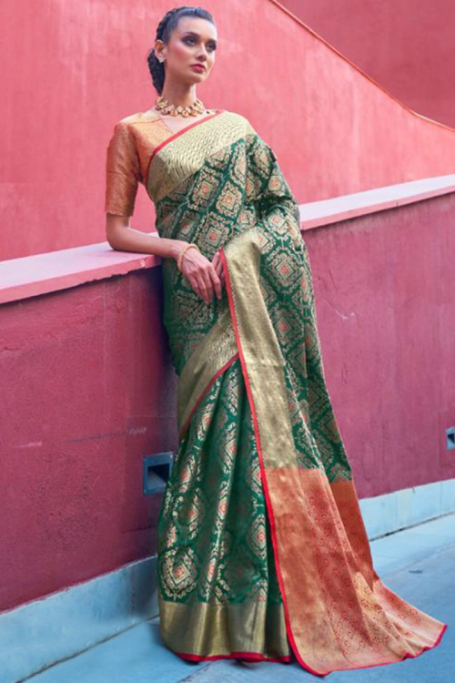 Dark Green Banarasi Silk Woven Zari Saree