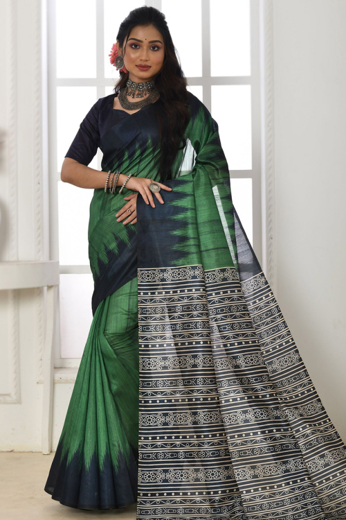 Dark Green Tussar Silk Printed Light Weight Saree