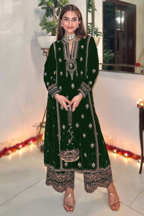 Dark Green Velvet Embroidered Straight Cut Trouser Suit