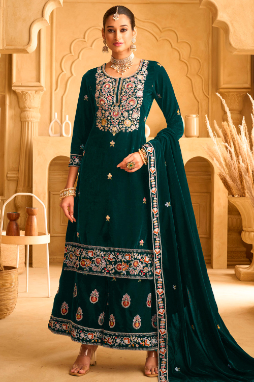 Dark Green Velvet Palazzo Suit With Beads Work For Mehndi