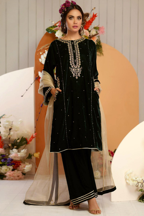 Velvet Pakistani Trouser Salwar Kameez in Dark Green colour for Wedding