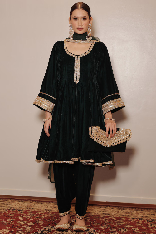 Dark Green Velvet Zari Embroidered A- Line Salwar Suit
