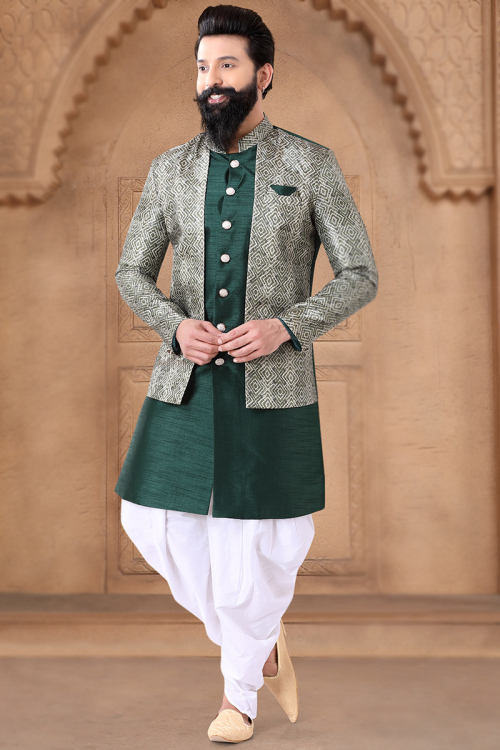 Dark Green Woven Zari Silk Jacket Style Men's Sherwani