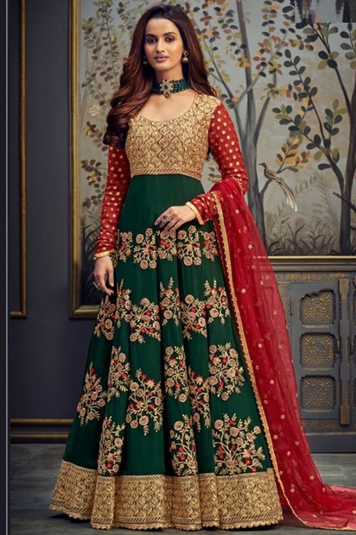 Dark Green Zari Embroidered Festival Wear Georgette Anarkali Suit 