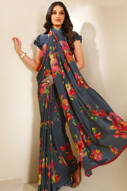 Dark Grey Crepe Saree With Printed Work For Casual Wear