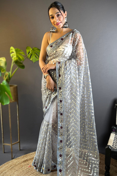 Dark Grey Net Embroidered Light Weight Saree