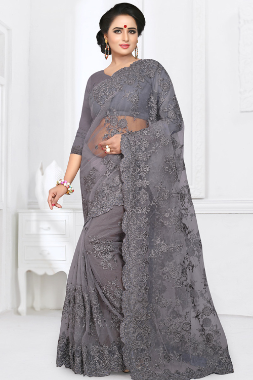 Dark Grey Net Resham Embroidered Heavy Saree