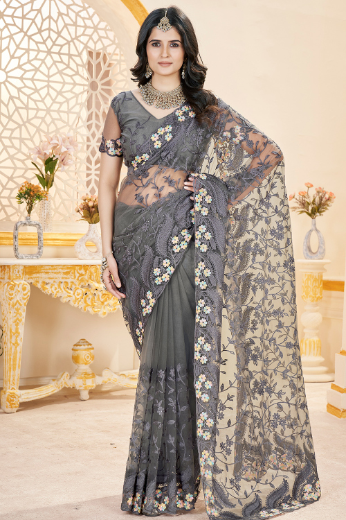 Dark Grey Net Saree with Stone Work for Wedding