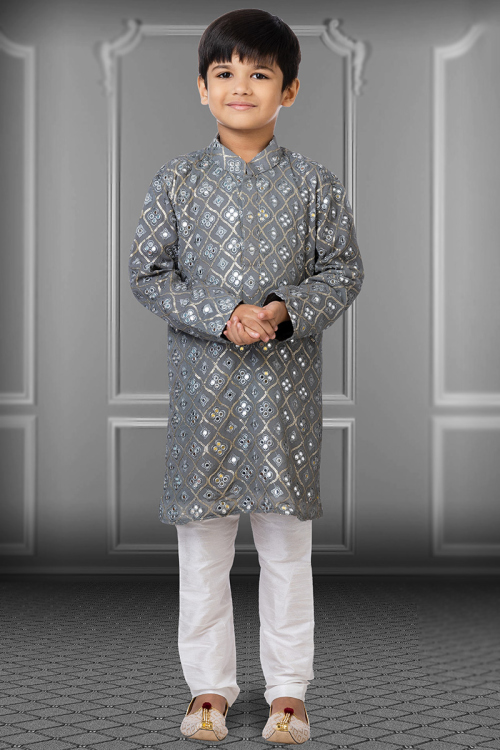 Dark Grey Resham Thread Embroidered Georgette Boy's Kurta Churidar