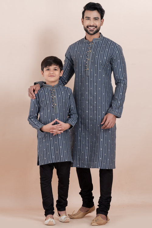 Dark Grey Silk Kurta Pajama Combo for Father &amp; Son Festive Wear
