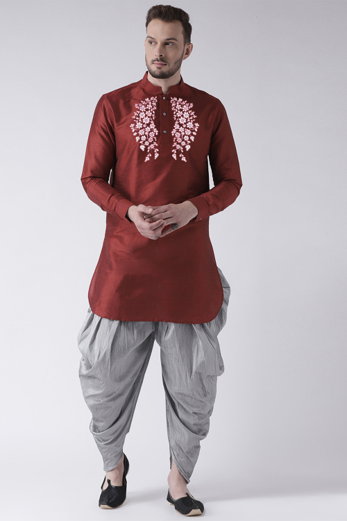 Dark Maroon Dupion Silk Embroidered Straight Cut Men&#039;s Kurta Dhoti