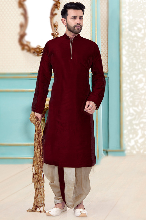 Dark Maroon Dupion Silk Men's Kurta With Dhoti
