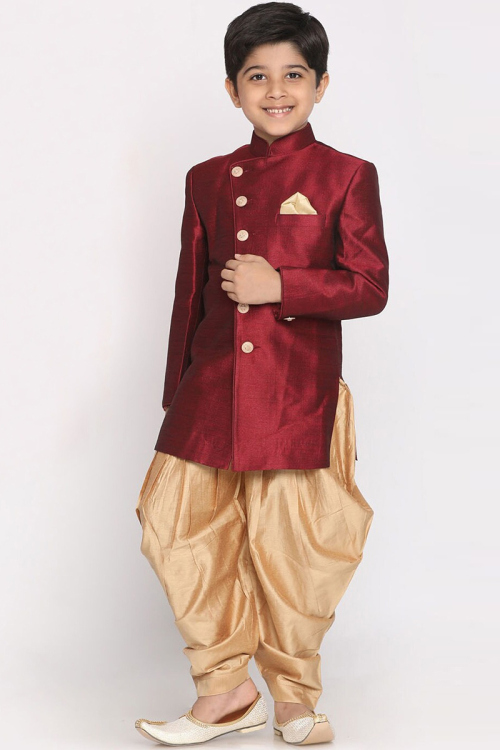Traditional Men Sherwani in Dupion Silk Dark Maroon for Party 
