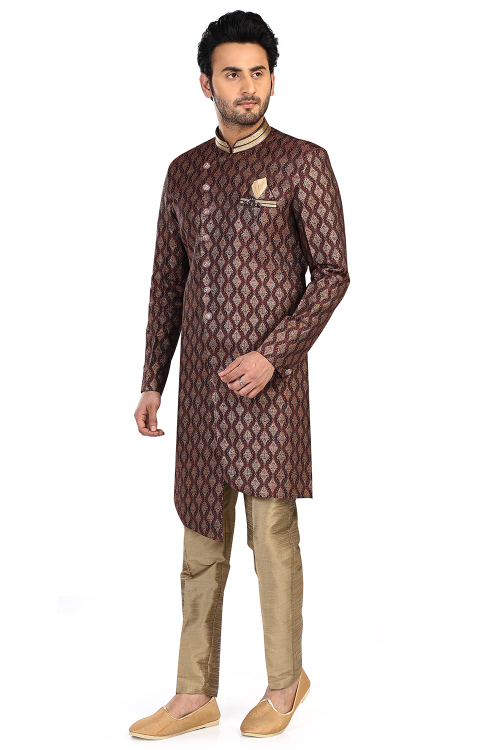 Dark Maroon Jacquard Weaved Thread Asymmetrical Men's Sherwani