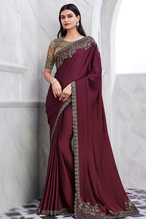 Dark Maroon Satin Silk Embroidered Light Weight Saree