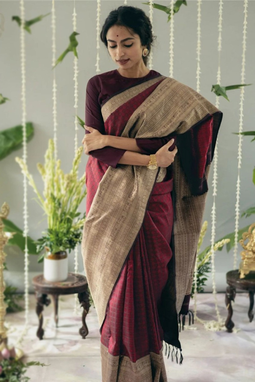 Maroon Silk Woven Zari Handloom Saree