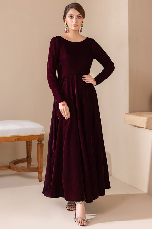 Dark Maroon Velvet Anarkali Gown For Festive Wear