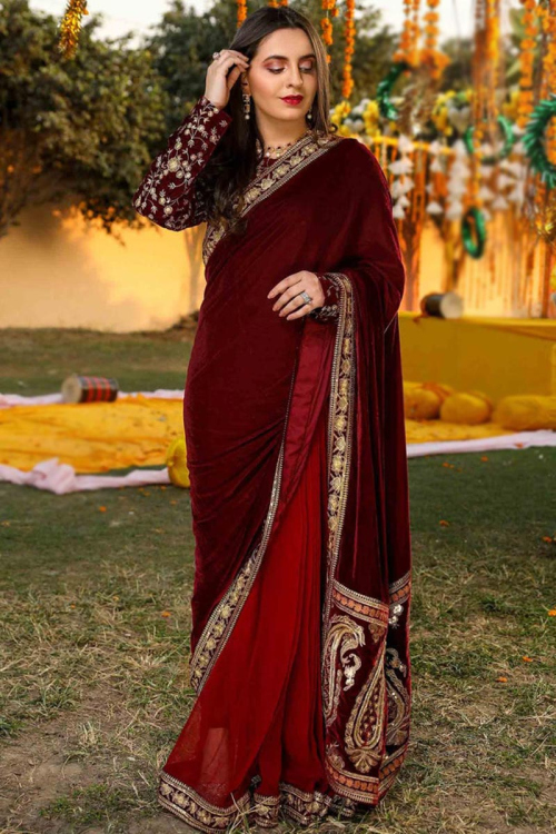 Dark Maroon Velvet Embroidered Pakistani Wedding Saree