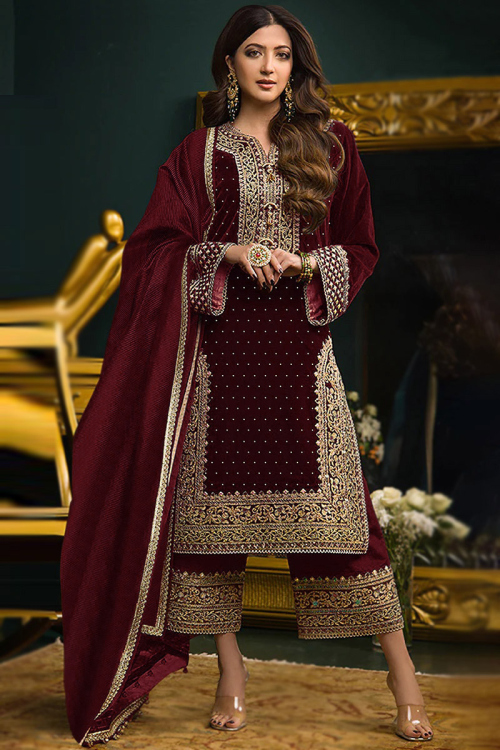 Dark Maroon Velvet Embroidered Straight Cut Palazzo Suit for Wedding & Party