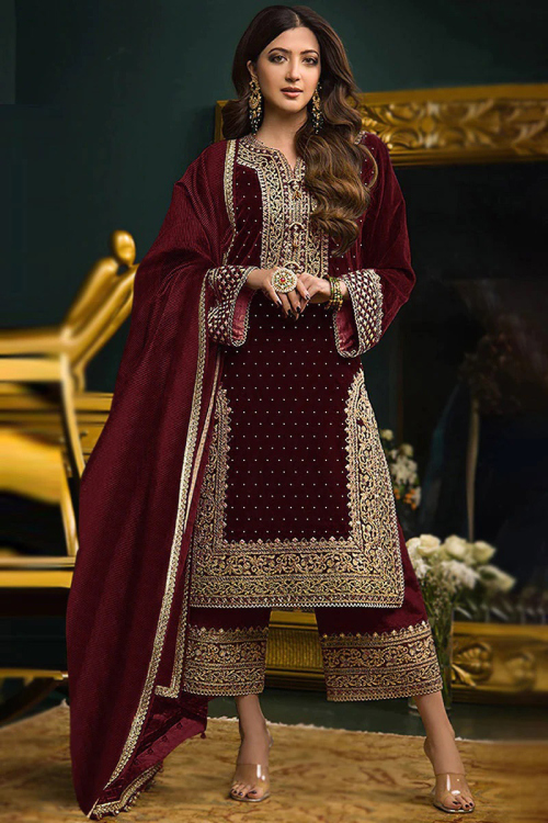 Dark Maroon Velvet Embroidered Straight Cut Palazzo Suit for Wedding & Party