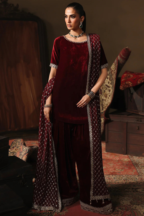 Dark Maroon Velvet Trouser Suit with Zari Work for Diwali