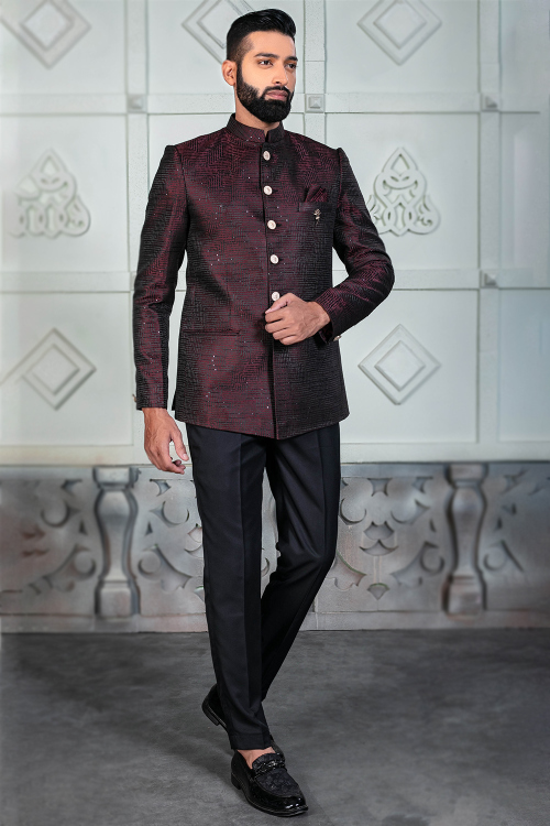 Dark Maroon Weaved Silk Men's Jodhpuri Style Sherwani 