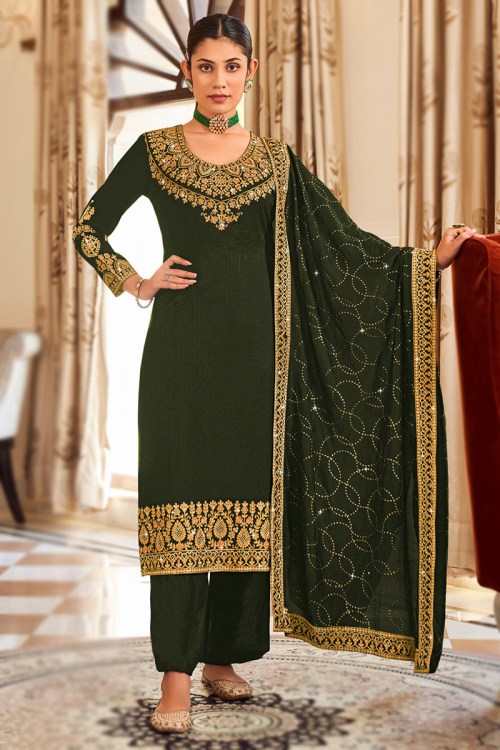 Dark Olive Green Art Silk Embroidered Trouser Suit For Mehndi