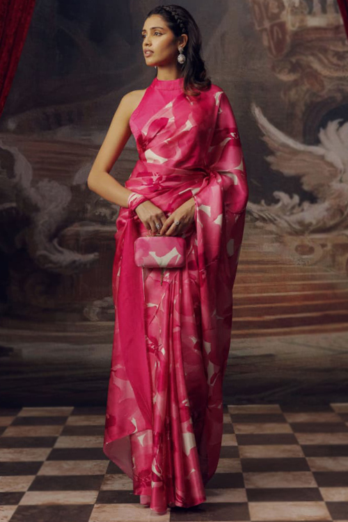 Dark Pink Satin Printed Light Weight Saree 
