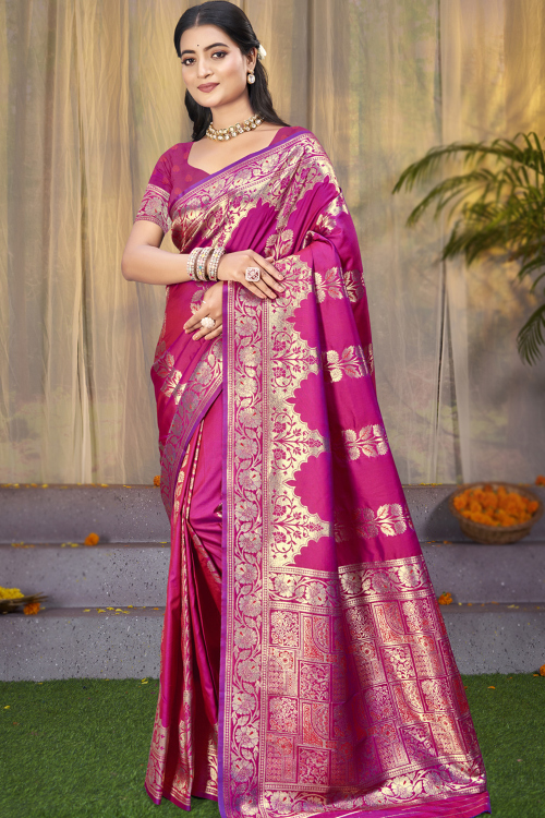 Dark Pink Silk Blend Weaved Broad border Saree For Festival