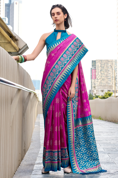 Dark Pink Soft Silk Saree With Weaved Work For Weddings