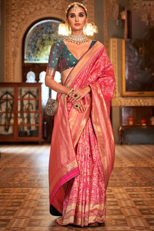 Dark Pink Weaved Zari Banarasi Silk Traditional Saree 