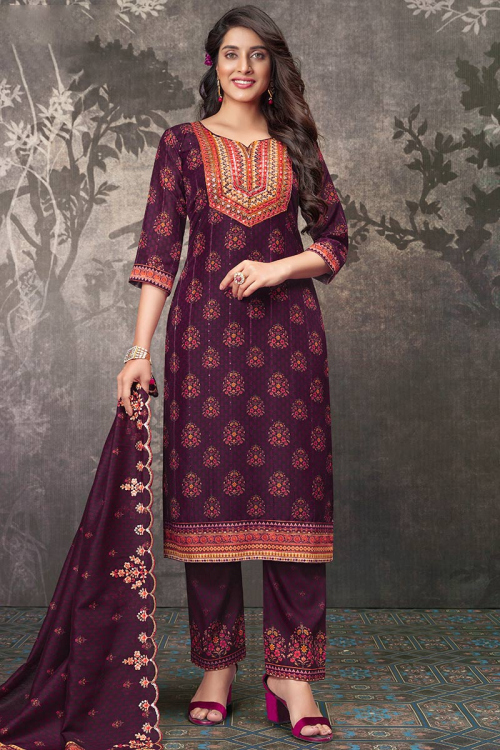 Dark Purple Cotton Printed Straight Cut Suit