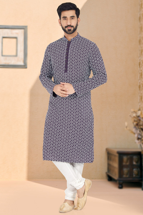 Dark Purple Georgette Embroidered Men Kurta Pajama