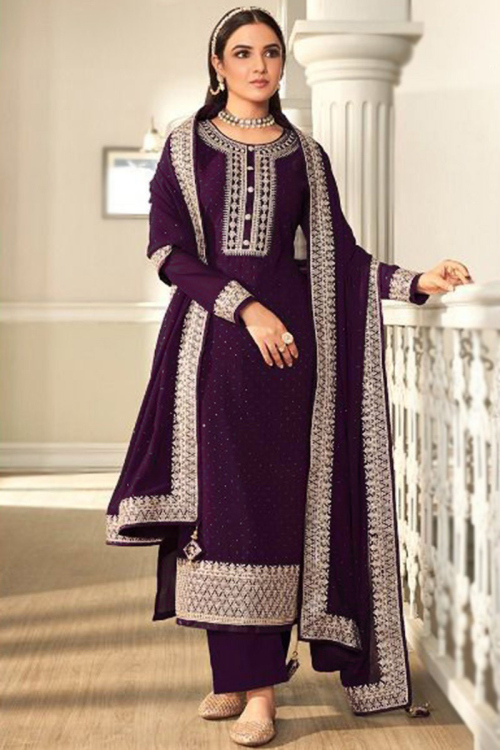 Dark Purple Georgette Stone Work Straight Pant Trouser Salwar Suit for Party Wear