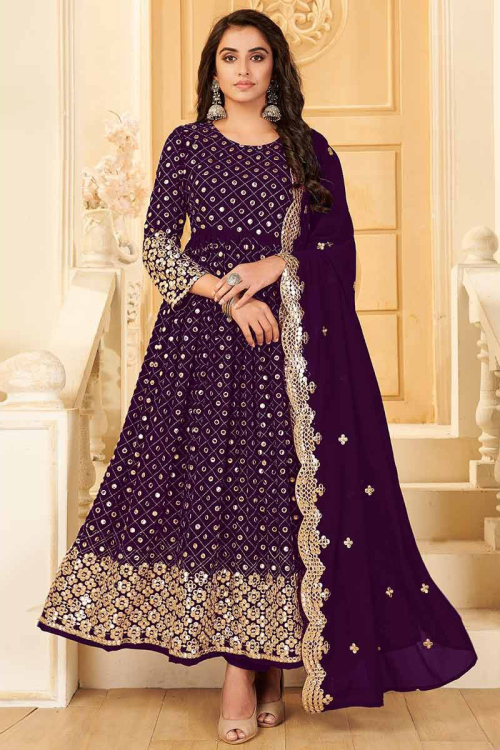 Dark Purple Georgette Embroidered Wedding Anarkali Suit for Wedding & Party