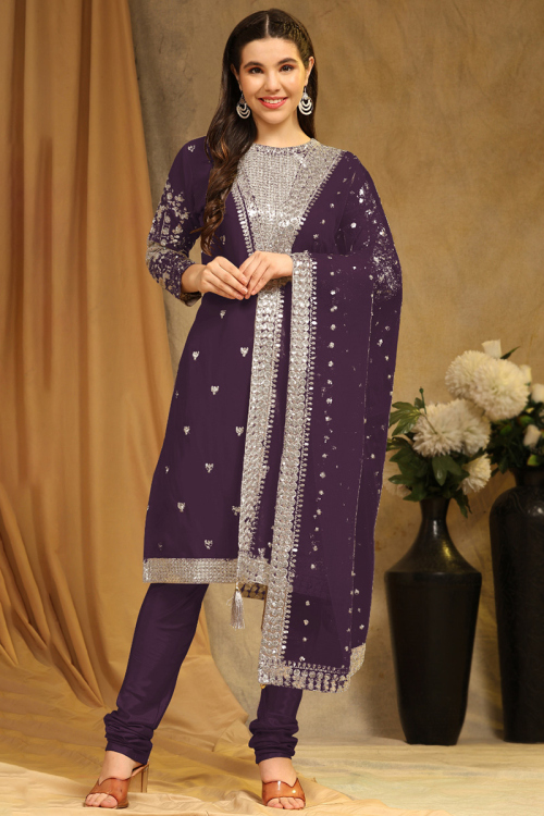 Dark Purple Georgette Sequins Embroidered Straight Cut Suit