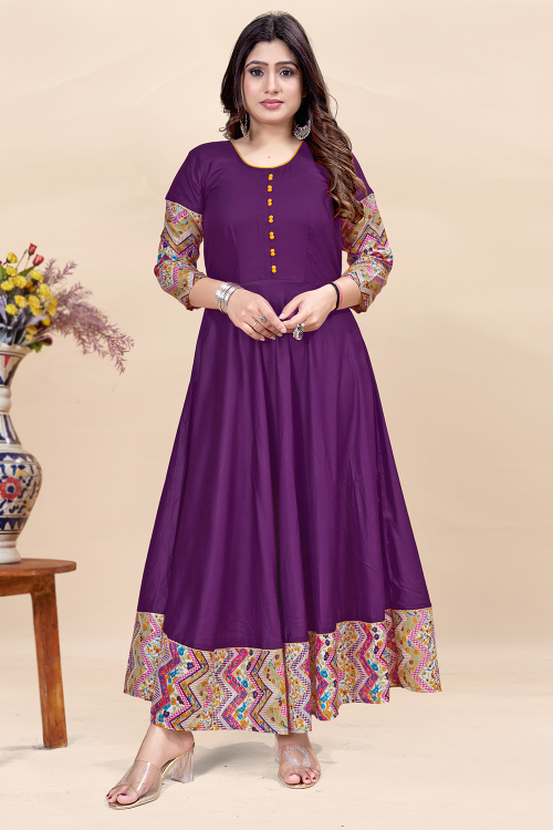 Dark Purple Rayon Fabric Printed Anarkali Style Kurti