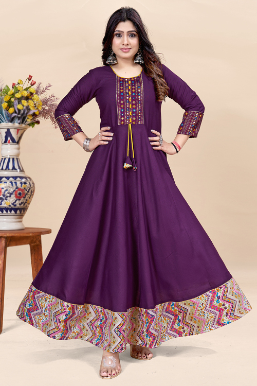 Dark Purple Rayon Printed Anarkali Style Kurti 