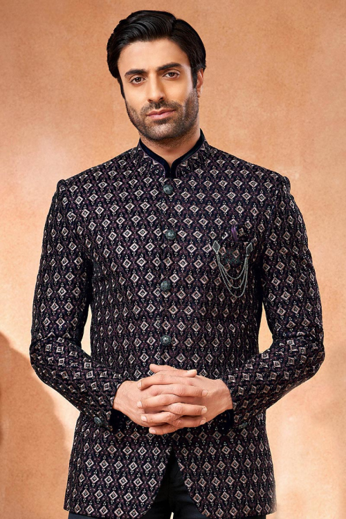 Dark Purple Sequins Embroidered Velvet Men's Waist Coat For Wedding