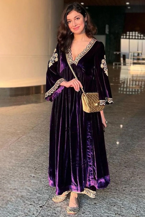 Dark Purple Velvet Embroidered Frock Style Palazzo Suit 