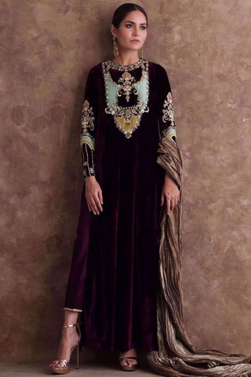 Pakistani Trouser Suit for Wedding Wear in Velvet Dark Purple