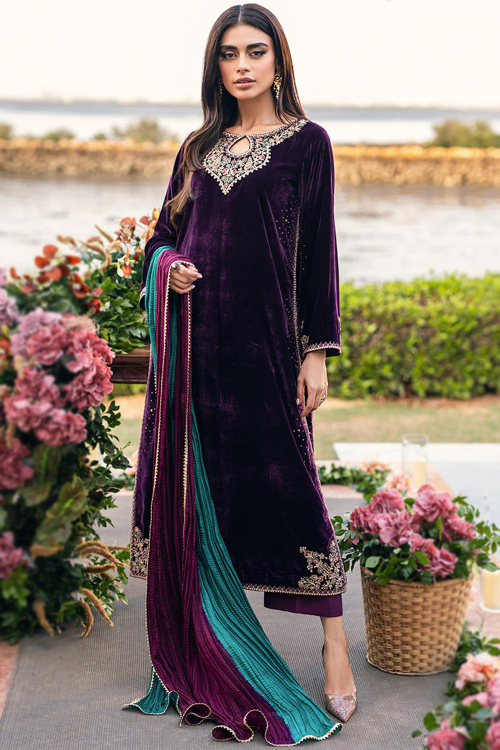 Dark Purple Velvet Resham Thread Straight Cut Trouser Suit