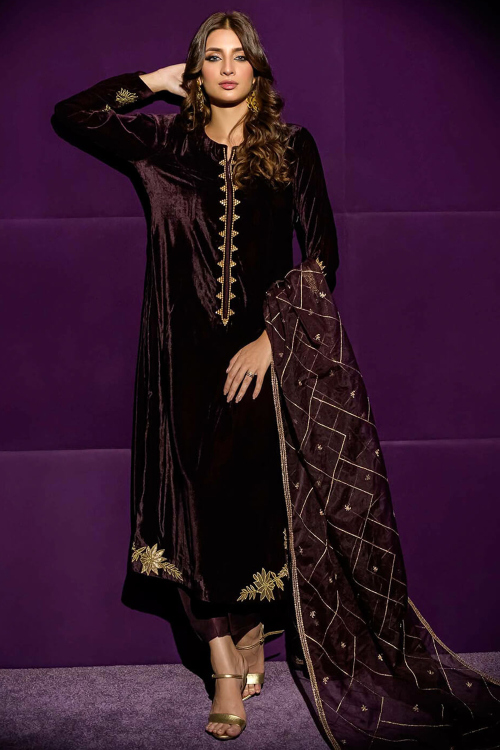 Dark Purple Velvet Zari Embroidered Trouser Suit For Weddings