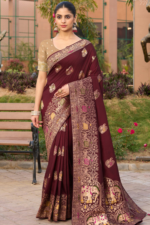 Deep Red Art Silk Saree With Weaved Work For Festival