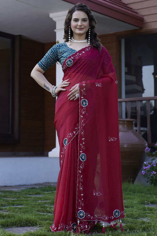 Deep Red Chiffon Saree With Stone Work For Festival 