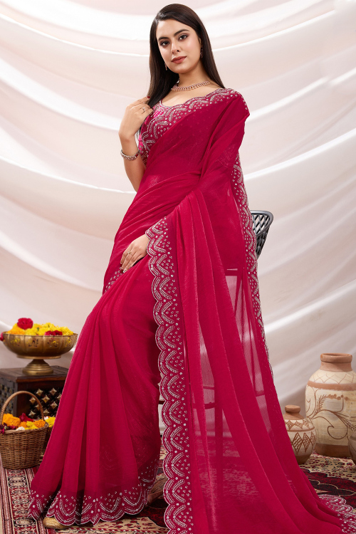 Deep Red Chiffon Shimmer Saree Cutdana Embroidered 