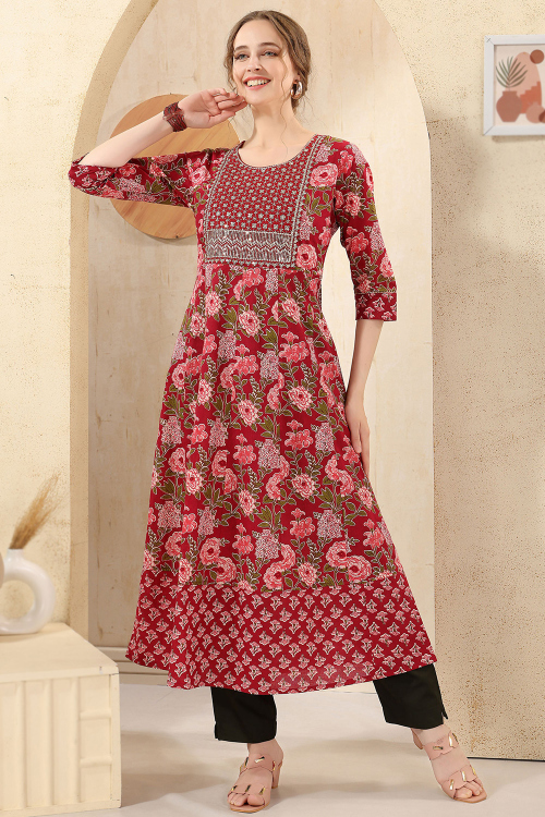 Deep Red Cotton Kurti With Zari Work For Festive