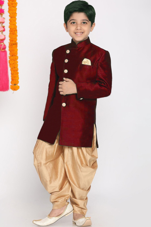 Deep Red Dupion Silk Front Slit Men Sherwani